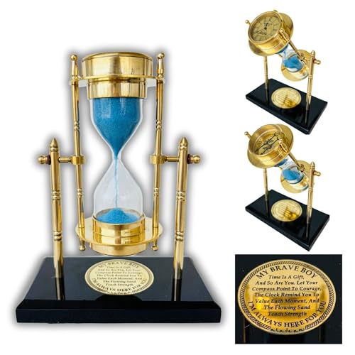 Brass SandTimer ClockCompass - Brave Boy Inspirational Gift for Men | Vintage Table Top Desk Decorative Uplifting Gifts