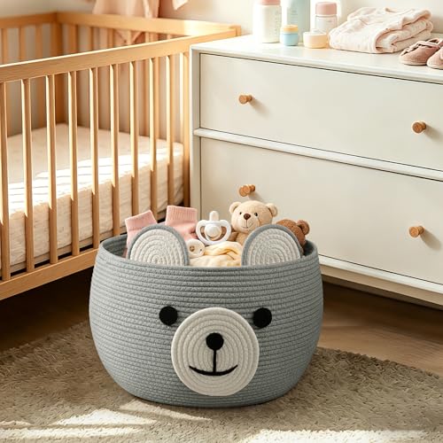 CherryNow Large Baby Basket for Gifts Empty, Cute Bear Design, Light Grey - color: Light Grey, size: 15.7"D x 10.5"H