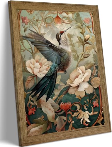 Vintage Hummingbird Wall Art, Floral Bird Paintings Wall Decor, Nature Botanical Pictures Canvas Prints Artwork for Living Room Bedroom Bathroom Office 8x10 inch Framed - color: Hummingbird, size: 10"L x 8"W
