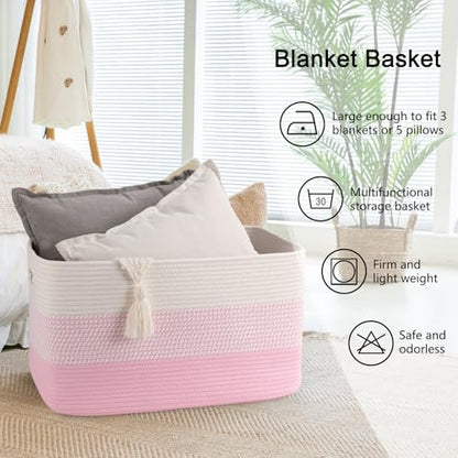 OIAHOMY Blanket Basket Laundry Basket Dog Toy Basket 75L Pink/White - color: Pink/White, size: 22”x17”x12”