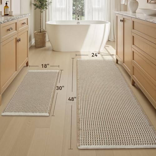 Upgraded Waffle Bath Mat Set of 2 Absorbent Bathroom Mat 18"x30" + 24"x48" - color: Brown & Cream, size: 18" x 30" + 24" x 48"