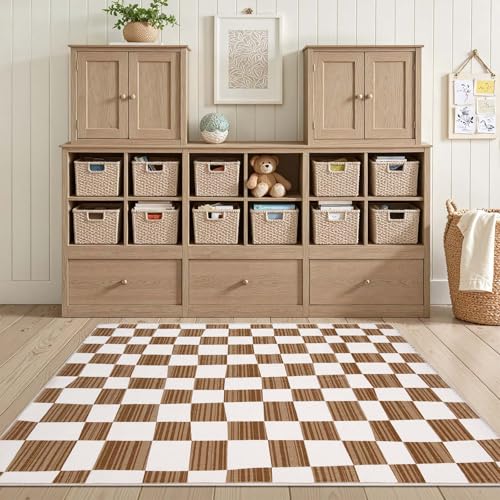 jinchan 3x5 Area Rug Washable Modern Checkered Rug for Kids Room, Brown - color: Checkered Brown, size: 3' x 5' (Rectangular)