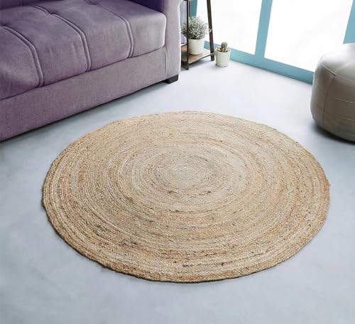 Hausattire Jute Braided Woven Area Rug 4 Feet Round - Natural - color: Natural, size: 4' Round