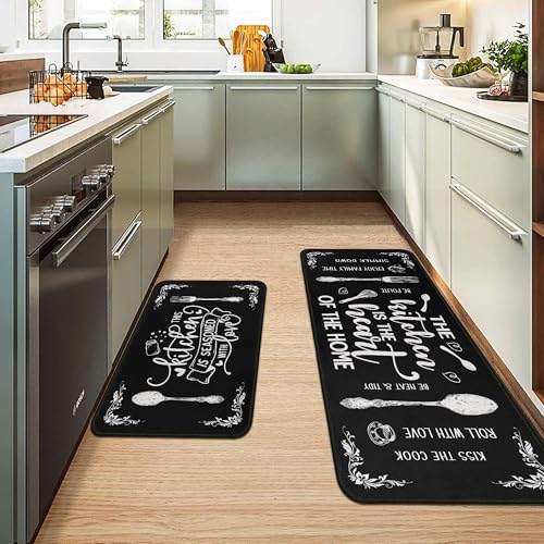 Kitchen Rugs and Mats Set of 2, Non Slip Washable Farmhouse Kitchen Runner Rug, Vintage Black Kitchen Floor Mats for Sink, Laundry Room, Entryway, 17"x30"+17"x47" - color: Black White