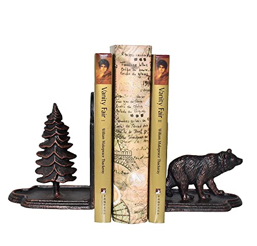 Bear Bookends Decorative, Heavy Duty Cast Iron Bookends for the Shelves, Pine Tree and Bear Statue Book End, Vintage Shelf Decor, Antique Bronze