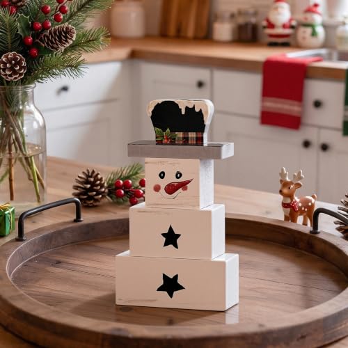 Smile 3 Pcs Winter Christmas Indoor Decoration, Wooden Sign Tabletop Retro Decor, Snowman Blocks, Ornaments for Home Shelf Mantel Fireplace. - style: Snowman