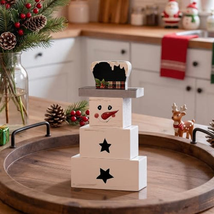Smile 3 Pcs Winter Christmas Indoor Decoration, Wooden Sign Tabletop Retro Decor, Snowman Blocks, Ornaments for Home Shelf Mantel Fireplace. - style: Snowman
