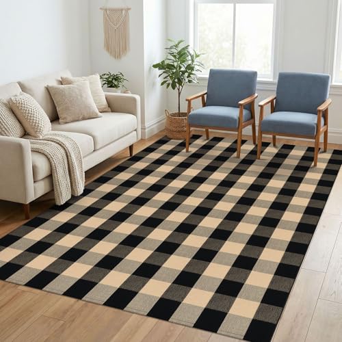 KILOCOCO Buffalo Plaid Checkered Rug 5x7 ft Living Room Rug Brown and Black - color: Brown and Black, size: 5' x 7' (Rectangular)