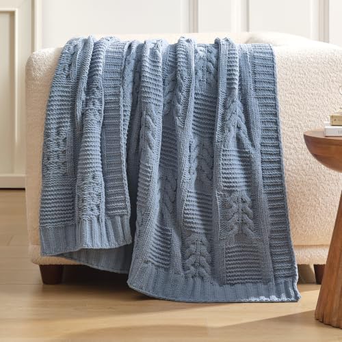 Amélie Home Chenille Knit Throw Blanket, Dusty Blue 60"x80" - color: Cable Dusty Blue, size: 60" X 80"