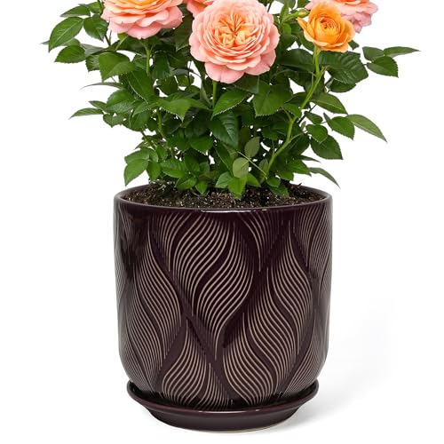 7.2 Inch Modern Ceramic Glaze Plant Pot with Drainage Hole,Mesh Net,Saucer,Indoor Outdoor Planter(Leaf-Dark Purple) - color: Leaf-dark Purple