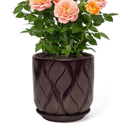 7.2 Inch Modern Ceramic Glaze Plant Pot with Drainage Hole,Mesh Net,Saucer,Indoor Outdoor Planter(Leaf-Dark Purple) - color: Leaf-dark Purple