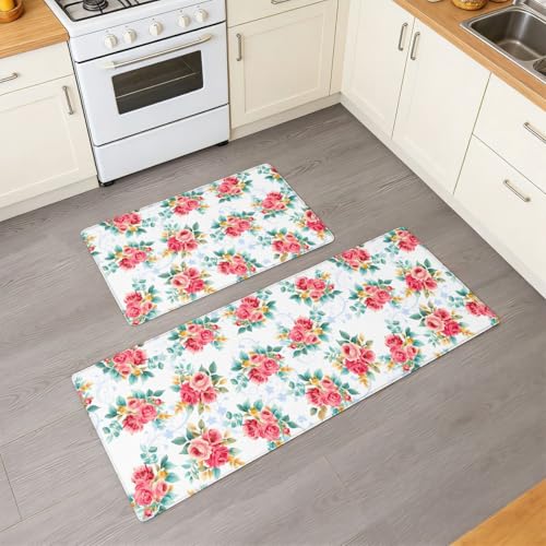 Feelyou Red Floral Kitchen Rugs Sets 2PCS - color: Blue White Red Green