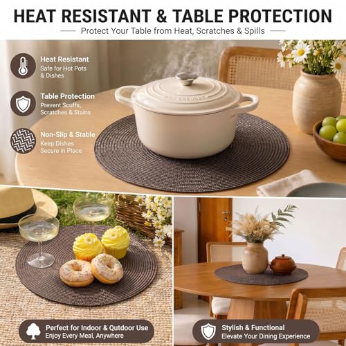 FunWheat Round Braided Placemats Set of 6 Table Mats for Dining Tables Woven Washable Non-Slip Place mats 15 inch (Brown, 6pcs) - color: Brown, size: Set of 6