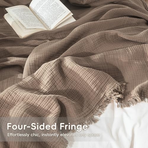 MooMee 100% Cotton Muslin Blanket Fringed 4-Layer Gauze Bed Throw, Queen - color: Brown, size: Queen