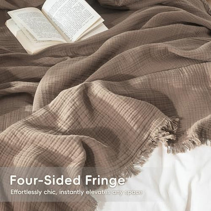 MooMee 100% Cotton Muslin Blanket, Fringed 4-Layer Gauze Bed Throw Blankets - color: Brown, size: Oversize Queen