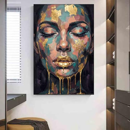 Abstract Face Wall Art Female Portrait Canvas Blue Gold 16x24inch No Frame - color: 4, size: 24"L x 16"W