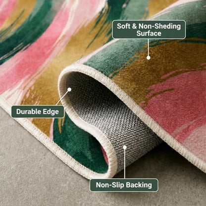 5x7 Pink and Green Area Rug, Modern Abstract Brushstroke Design - color: Pink/Green/Gold, size: 5' x 7' (Rectangular)