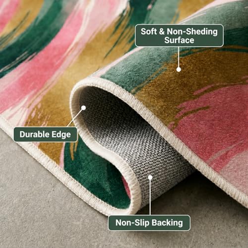 6x9 Pink and Green Area Rug, Modern Abstract Brushstroke Design - color: Pink/Green/Gold, size: 6' x 9' (Rectangular)