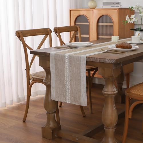 Gernaice Boho Table Runner, Rustic Cotton Linen Farmhouse Table Runners for Holiday Wedding Dining Living Room Bedroom Home Decor, 90" L X 13" W Brown - size: 13" X 90", style: Brown Striped