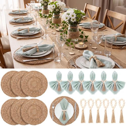 Fanfanwin Set of 6 Woven Placemats with Sage Green Napkins, 13" - color: Sage Green