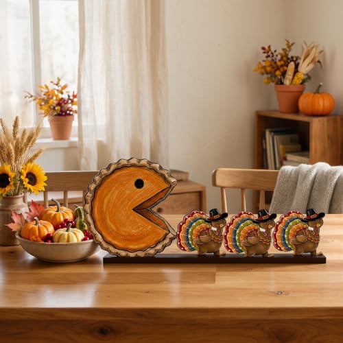 Smile Thanksgiving Wooden Standing Decor, Pumpkin Pie Turkey and Mini Turkeys Tiered Tray Tabletop Signs With Stands for Home And Party Decorations - style: Retro