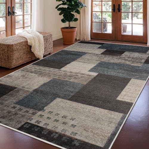 Modern Geometric Blue Outdoor Area Rug 5x7, Easy Jute Rug for Living Room - color: Blue-taupe, size: 5x7ft