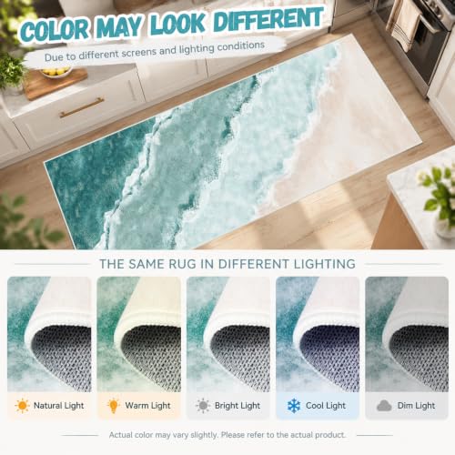 Beach Pattern 2x8ft Runner Rug Non Slip Washable Kitchen Runner Rug with Rubber Backing，Low-Pile Soft Washable Runner Rugs for Hallway Entryway Kitchen Bedroom Living Room Bathroom Teal - color: Teal Beach, size: 2' x 8' (Rug)