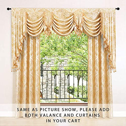 ELKCA Golden Jacquard Swag Waterfall Valance Luxury Curtain Valance for Living Room,Rod Pocket (Damask-Golden, W79 Inch, 1 Panel) - color: Valance,damask-golden, size: 79"W x 43"L (Pack of 1)