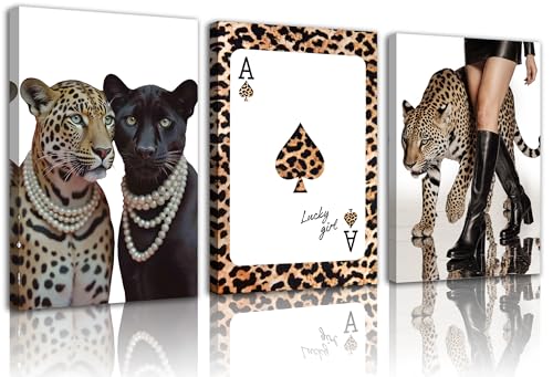 3pcs Trendy Leopard Canvas Wall Art Funky Black High Heel Cheetah Wall Decor Pictures Preppy Leopard Style Poker Posters Prints Paintings for Living Room Bedroom Dormitory Apartment Home Decoration - color: Trendy Leopard, size: 24"L x 16"W-Canvas