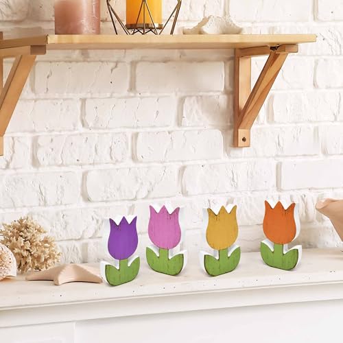 Gift Boutique 6Pcs Spring Tulip Wooden Signs Rustic Farmhouse Flower Table Decorations, Floral Tiered Tray Centerpieces, Tulips Flower Block Tabletop Home Decor
