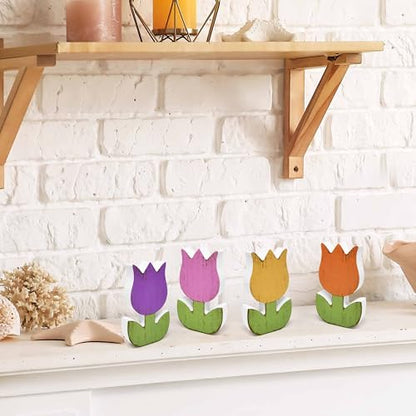 Gift Boutique 6Pcs Spring Tulip Wooden Signs Rustic Farmhouse Flower Table Decorations, Floral Tiered Tray Centerpieces, Tulips Flower Block Tabletop Home Decor