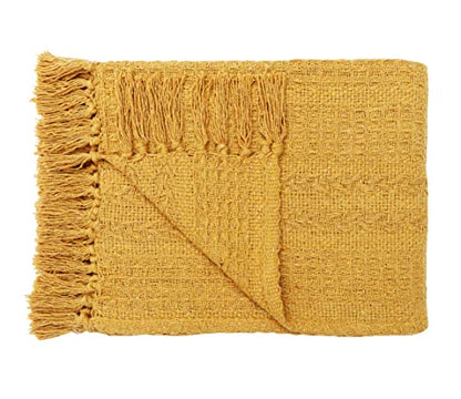 Cotton Throw Blanket - Rustic Ottoman Throw - Batik Chair Blanket Throw - Striped Throw Blanket with Fringe - Picnic Throw 50"x60" - Set of Two (Mustard) - color: Herringbone Mustard