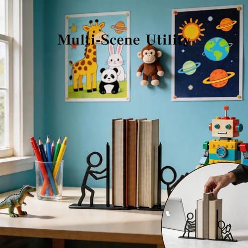 Decorative Bookends, Creative Metal Book Ends for Shelves, Unique Stick Figure Design Book Holders for Home Office Desk Decor, Black