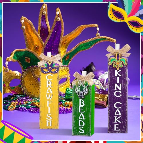MiniInflat Mardi Gras 3 Pcs Table Decor, Wooden Block Sign Tiered Tray - style: Mardi Gras
