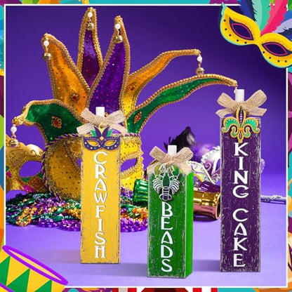 MiniInflat Mardi Gras 3 Pcs Table Decor, Wooden Block Sign Tiered Tray - style: Mardi Gras