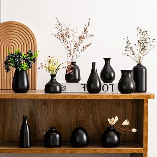 Ceramic Bud Vases, Black Mini Vase Set of 11, Small Pottery Vases for Flowers Mini Ceramic Vases for Pampas Grass Vase Bulk for Wedding Table Centerpieces Decoration Boho Home Decor - color: B-black Bud Vases 11pcs