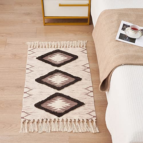 Boho Bathroom Rugs 2x3ft Farmhouse Bath Runner Rug, Small Tufted Cotton Accent Floor Mat with Tassels, Brown - color: Brown, size: 2' x 3' (Runner)