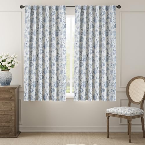 jinchan Blue Floral Blackout Curtains 63 Inch Vintage Back Tab 2 Panels - color: *Blue, size: 52"W x 63"L (Pack of 2)
