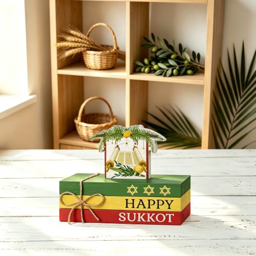 Smile Sukkot Wooden Block Decor, Happy Sukkot Star of David and Sukkah Shelf Tiered Tray Tabletop Signs for Jewish Holiday Decor - style: Sukkot