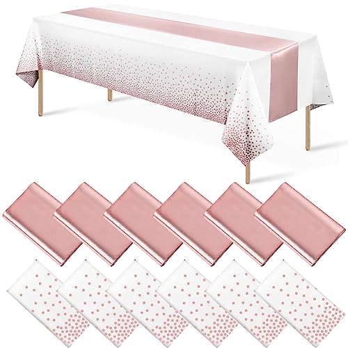 12 Pack Disposable Plastic Tablecloths and Satin Table Runner Set White and Rose Gold Dot Tablecloth Rose Gold Satin Table Runner for Wedding Birthday Baby Shower Anniversary Christmas New Year Party - color: White and Rose Gold, size: 12 Pack