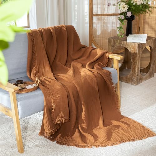 MooMee 100% Cotton Muslin Blanket, Fringed 4-Layer Gauze Bed Throw Blankets - color: Drak Orange, size: Oversize Queen