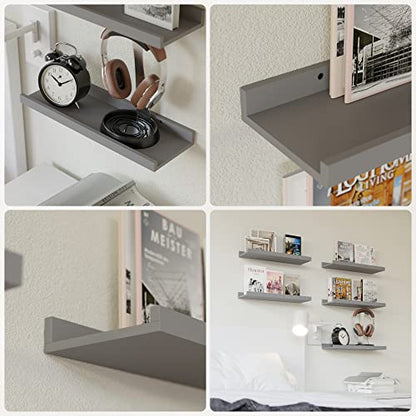 RICHER HOUSE 5-Set Floating Shelves with Lip, Grey Wall Mounted Wood Shelf - color: Grey, size: 16in