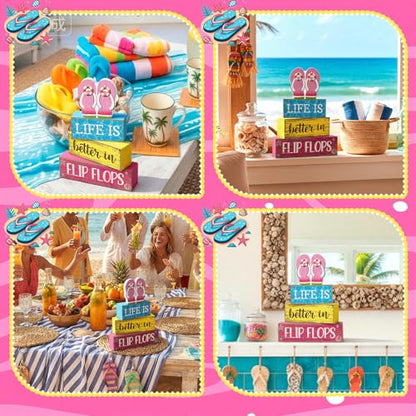 Yuntau 4 Pcs Summer Flip Flop Decor Wooden Beach Table Centerpiece Sign - style: Pink Flip Flops