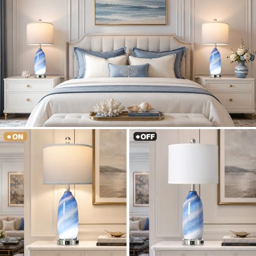 Rinweey 26" Grey-Blue Glass Table Lamps Set of 2,Coastal Lamps Nautical lamp with USB A+C Ports & AC Outlet,Bedside Lamps with 3-Way Dimmable-Night Light for Bedroom Living Room,Grey-Blue - color: Grey-Blue
