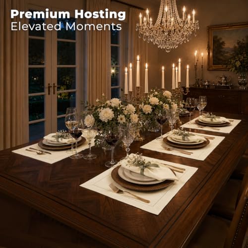 Signature Linen™ by D'Moksha, Cream Placemats Set of 4, 14 x 19 Inch, 100% Pure Linen Table Mats, Hemstitch, Machine Washable Cloth Placemats- Fall, Weddings, Outdoor Hosting - color: Cream, size: Set of 4 (14 X 19 Inch)