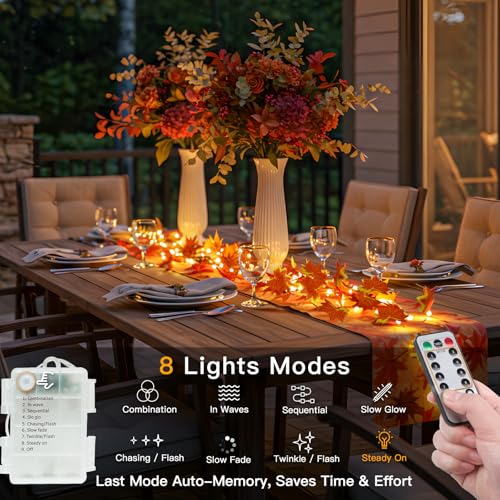 suddus 33 FT 100 LED Fall Garland with Lights Battery Operated Copper Wire - color: Maple, size: 100 LED-Battery