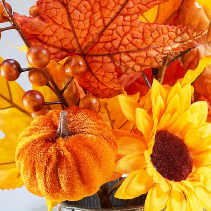 Winlyn Set of 3 Small Potted Maple Arrangement Artificial Maple Leaf Branches Faux Fall Picks and Sprays in Rustic Galvanized Metal Pots with Decorative Wood Tray
