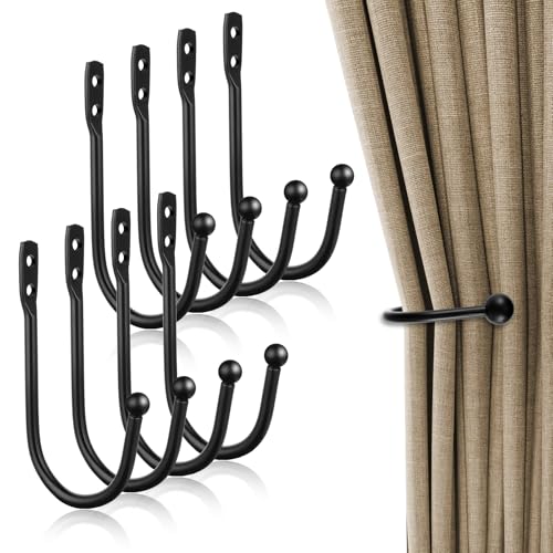 8 Pcs Curtain Holdbacks, Curtain Tiebacks, Curtains Wall Hooks, Black Curtains Tie Backs Decorative, U Shaped Pull Back, Metal Decorative Hooks Holdbacks, Vintage Rustic Style Decor with Screws