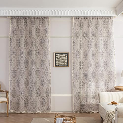 Khaki Geometric Sheer Curtains 54 inch Long, Fringed Edges and Textured Semi Sheer Curtains Large Window Treatments for Living Room/Bedroom, 2 Panels - color: Khaki Geometry, size: 52"W x 54"L (Pack of 2)