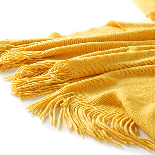 Homiest Yellow Knitted Throw Blanket with Fringe, 50x60 Inch - color: Yellow, size: 50" x 60"